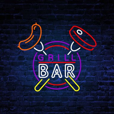Bar ızgarası, neon, et, reklam
