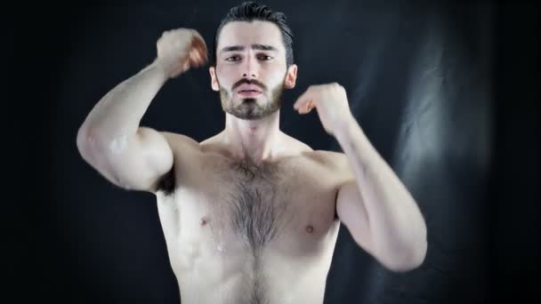 Close Attractive Young Bare Muscular Young Man Receiving Water Splashes — Stok Video