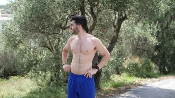 Shirtless Handsome Muscular Young Man Breathing Deeply Nature Enjoying View — Stock video