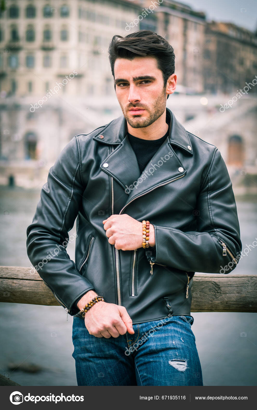 Photo Stylish Man Leaning Fence Leather Jacket Stock Photo by ...