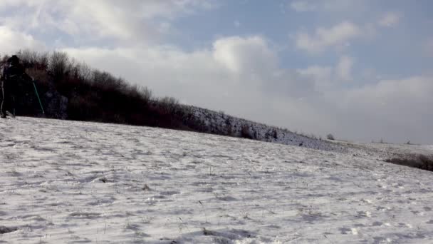 Homem Caminhando Neve Nevasca Trekking Inverno Frio Homem Ambulante Pessoas — Vídeo de Stock