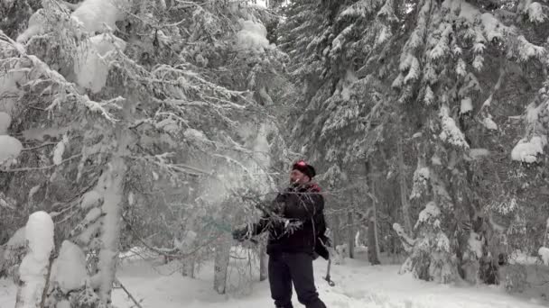 深い雪で覆われた山の冬の森の中を歩くスノーシューズとバックパック付きハイカー 移動雲と冬の空 — ストック動画