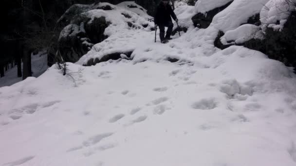 Homme Alpiniste Escalade Une Pente Enneigée Avec Une Hache Glace — Video