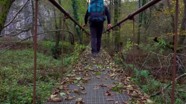 Homme Backpaking Sur Pont Suspendu Corde Dessus Une Rivière Dans — Video