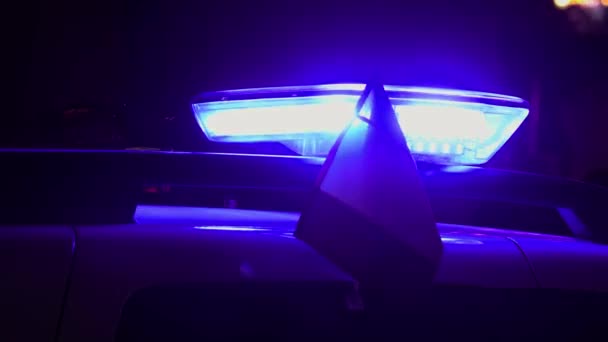 Rode Blauwe Flikkerende Politieauto Met Roemeense Vlag Light Bar Nachtelijke — Stockvideo