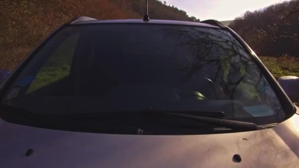 Homem Dirigindo Offroad Carro Através Floresta Vista Fora Carro — Vídeo de Stock