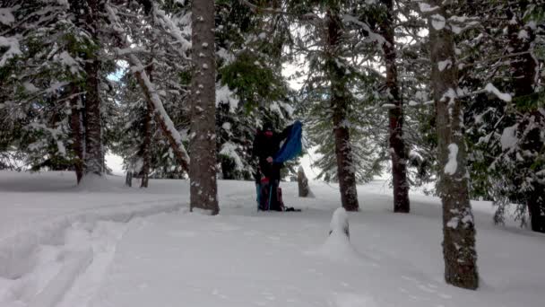 冬の森の木々の下にキャンプを設置スノーシューでハイカー 雪が降ってる 冬のキャンプ — ストック動画