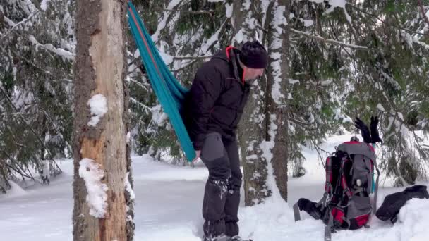 冬の森の木々の下にハンモックに寝そべっているスノーシューのハイカー 雪が降ってる 冬のキャンプ — ストック動画