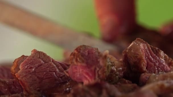 Cutting Steak Fried Grill Close Shallow Depth Field Slow Motion — Stock Video