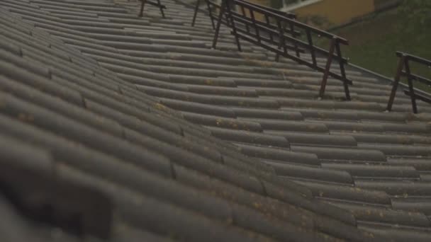 大雨が建物の屋根の上に注ぐ スローモーション — ストック動画