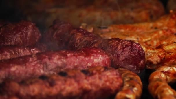 Sausages Romanian Traditional Food Meat Balls Mici Grill Slow Motion — Stock Video