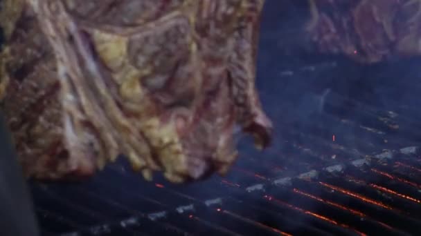 Homem Com Luva Proteção Grelhando Bifes Carne Grelha — Vídeo de Stock