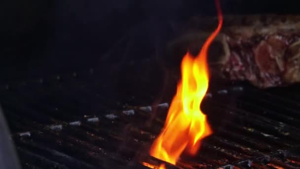 Homem Com Luva Proteção Grelhando Bifes Carne Grelha — Vídeo de Stock