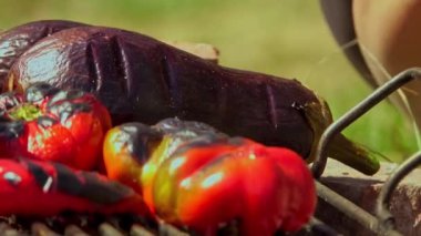 Geleneksel Rumen zakuskası yapmak için atılmış önemli bir adım olan odun ateşinin üzerinde ızgara yapan sebzelerin kırsal bir açık hava sahnesi. Ateşte kızartılmış sebzeler derin, dumanlı tatlar sunuyor, bu sevgili ev yapımı sebzenin özünü yakalıyor..