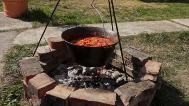 Geleneksel Romen zakuskasının ahşap bir ateşin üzerinde bir kazanda hazırlandığını gösteren kırsal bir sahne. Bu açık hava pişirme süreci doğal malzemelerin ve geleneksel yöntemlerin kullanımını vurguluyor ve bu da zengin ve lezzetli bir yayılımla sonuçlanıyor..