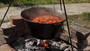 Geleneksel Romen zakuskasının ahşap bir ateşin üzerinde bir kazanda hazırlandığını gösteren kırsal bir sahne. Bu açık hava pişirme süreci doğal malzemelerin ve geleneksel yöntemlerin kullanımını vurguluyor ve bu da zengin ve lezzetli bir yayılımla sonuçlanıyor..