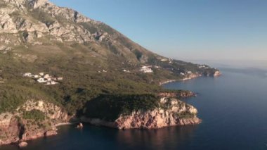 Aerial video of the picturesque Adriatic coastline near the city of Budva, Montenegro.