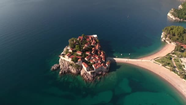 Aerial Video Famous Tourist Location Sveti Stefan Island Picturesque Adriatic Stockvideo's