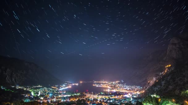 Amazing Time Lapse Star Trails Night Sky Picturesque Bay Kotor Stockvideo's