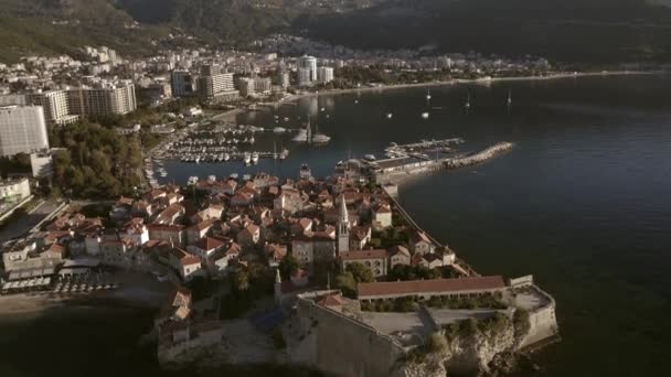 Drone Flight City Budva Montenegro Old Town Houses Red Roofs — Stok video