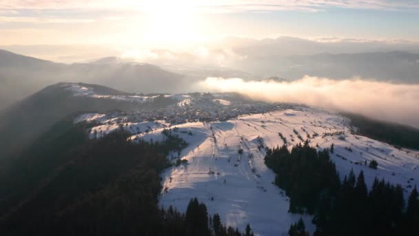 Drone Flight Beautiful Low Clouds Mists Creeping Snow Covered Mountain — Stock videók