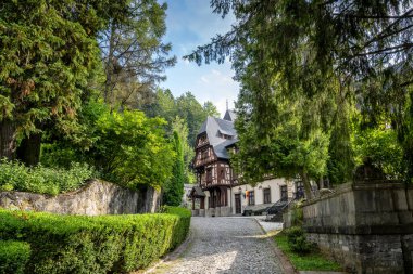 Pelisor Kalesi 'nin güzel yaz manzarası, Romanya' nın Peles Kalesi yakınlarındaki Sinaia 'da Kral I. Charles' ın ünlü yazlık evi.