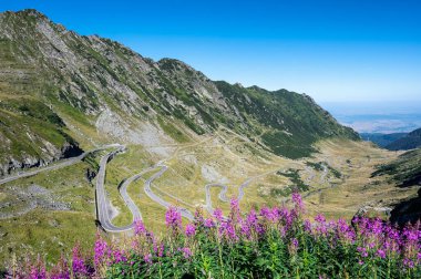 Romanya 'nın Transilvanya ve Muntenia arasındaki ünlü Transfagarasan yılanbalığı dağ yolunun muhteşem panoramik yaz manzarası