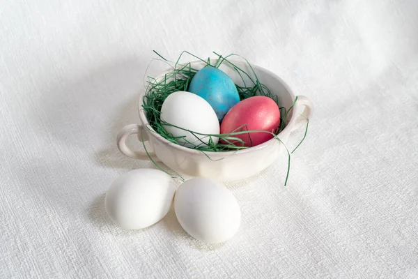 Easter Still Life Antique Porcelain Bowl Coloured Eggs White Background — Stock Photo, Image