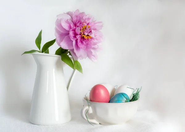 Easter Still Life Gorgeous Pink Peonies Vase Antique Porcelain Bowl — Stock Photo, Image