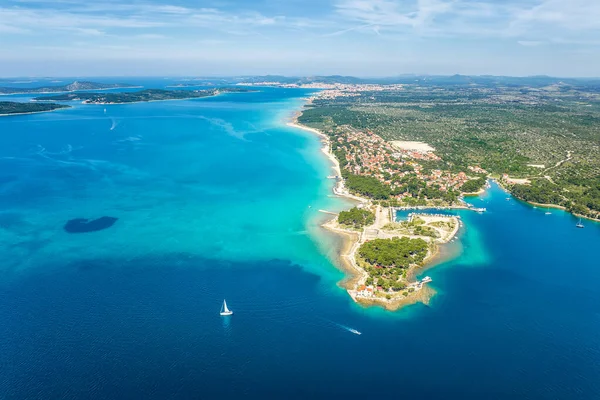 stock image Aerial view of the fortress of Saint Nicholas and the many islands in the waters of the picturesque town of Shibenik on the Adriatic coast of Croatia.