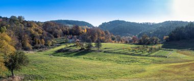Sırbistan 'ın Zlatibor kenti yakınlarındaki Dinaric Alpleri' nde küçük bir çiftlik evi, yeşil çayır ve renkli bir orman ile renkli sonbahar manzarası