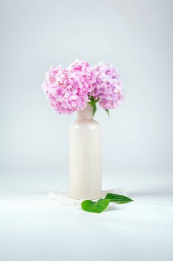 Vazoda çiçek açan pembe bir ortanca buketi ve beyaz bir arka planı olan bir hayat.
