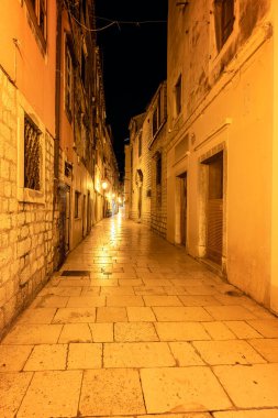 Hırvatistan 'ın Adriyatik Denizi kıyısındaki eski Shibenik kasabasının ortaçağ mimarisinin muhteşem gece manzarası.