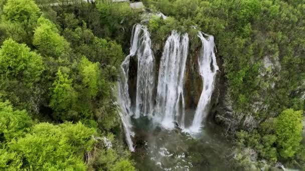 Hırvatistan Yeşil Bir Bahar Ormanındaki Göllü Pitoresk Şelaleli Plitvice Ulusal Stok Video
