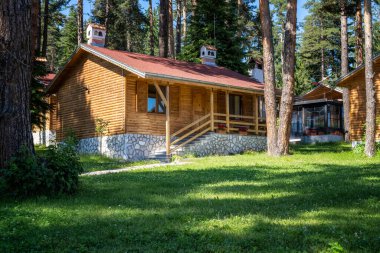 Bulgaristan 'ın Bansko kenti yakınlarındaki antik ağaçların arasında güzel bir dağ köyünde verandası olan tek katlı ahşap bir bungalov.