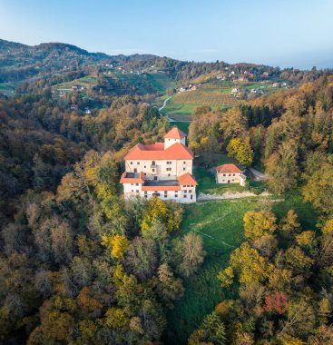 Aerial autumn view with a beautiful building of the small old castle Stari Grad in Slovenia.  	
