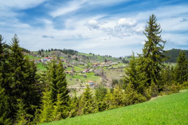 Bahar vadisinde güneşli bir sabah, zengin bitki örtüsü, çiçek açan ağaçlar ve Bulgaristan 'ın Rodop Dağları yakınlarındaki Gela köyünün tepelerine yayılmış evler.