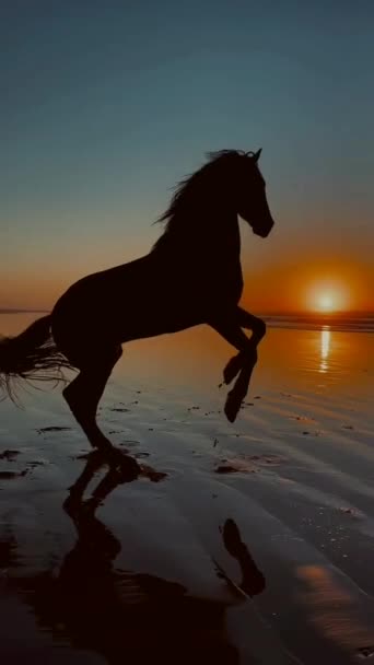 Ήλιος Που Δύει Και Άλογο Που Χοροπηδάει Στην Ακτή — Αρχείο Βίντεο