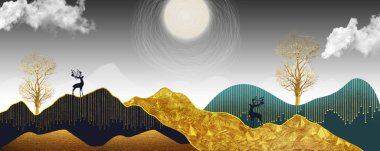3d modern canvas art mural wallpaper landscape moon, golden Christmas trees, colorful mountains