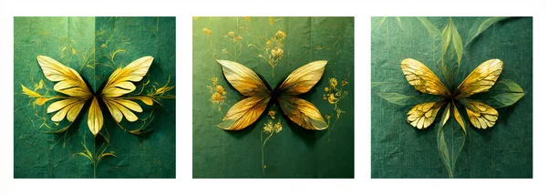 Arte Digital Para Decoração Parede Borboleta Floral Dourada Fundo Verde — Fotografia de Stock