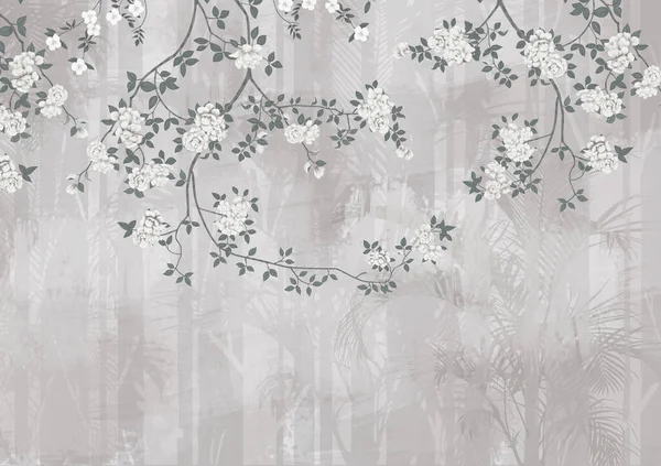 3d modern mural wallpaper. flowers and leaves on drawing gray background. for wall decor