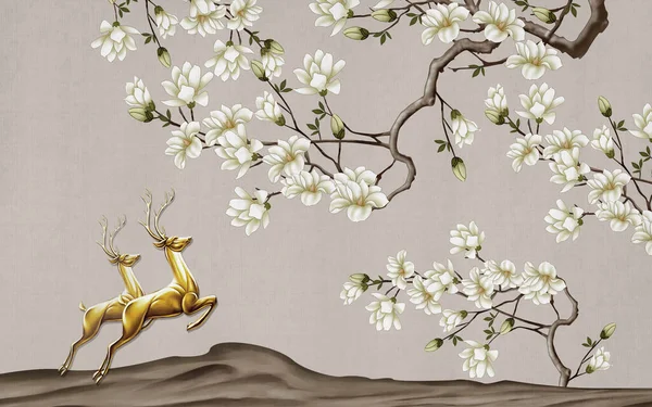 3d mural background lights simple  wallpaper. Tree branches flowers floral background with flowers, golden deer and mountains for wall decor