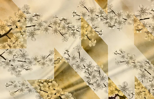 Muurbehang Met Witte Bloemen Gouden Takken Beige Zijde Achtergrond — Stockfoto