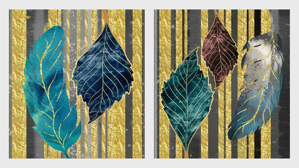 Стенной Художественный Винтажный Плакат Цветные Холст Перья Листья Золотые Линии — стоковое фото