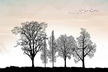 3D peyzaj duvar kağıdı. Kara ağaçlar ve kuşlar. İç dekorasyon için mermer arkaplan
