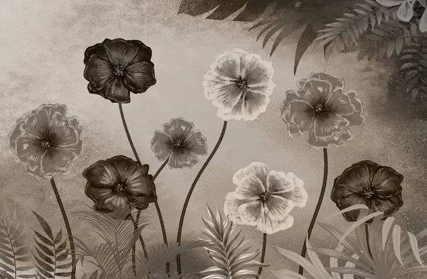 Muurbehang Schilderen Bloemen Bladeren Een Lichte Textuur Tekening Achtergrond Voor — Stockfoto