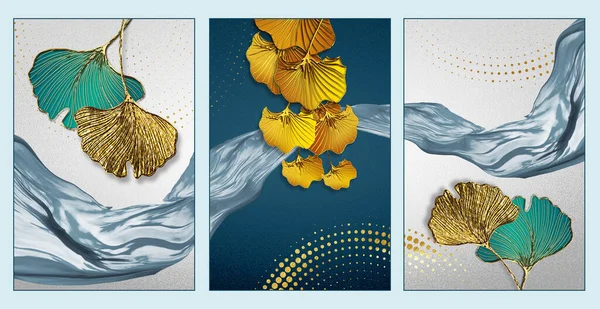 Modern Canvas Wandframe Gouden Boom Bladeren Stippen Blauw Zilver Schilderij — Stockfoto