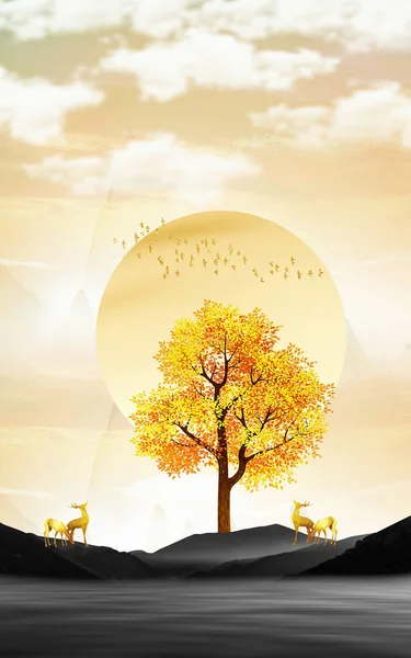 Altın Ağaçlar Açık Arkaplan Ile Modern Altın Tuval Sanat Manzarası — Stok fotoğraf