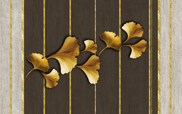 Muurbloemenbehang Gouden Ginko Biloba Bladeren Bladeren Bruine Beige Achtergrond — Stockfoto