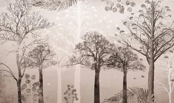 Landschap Behang Met Zwarte Bos Achtergrond Takken Bomen Wolken Muurschildering — Stockfoto